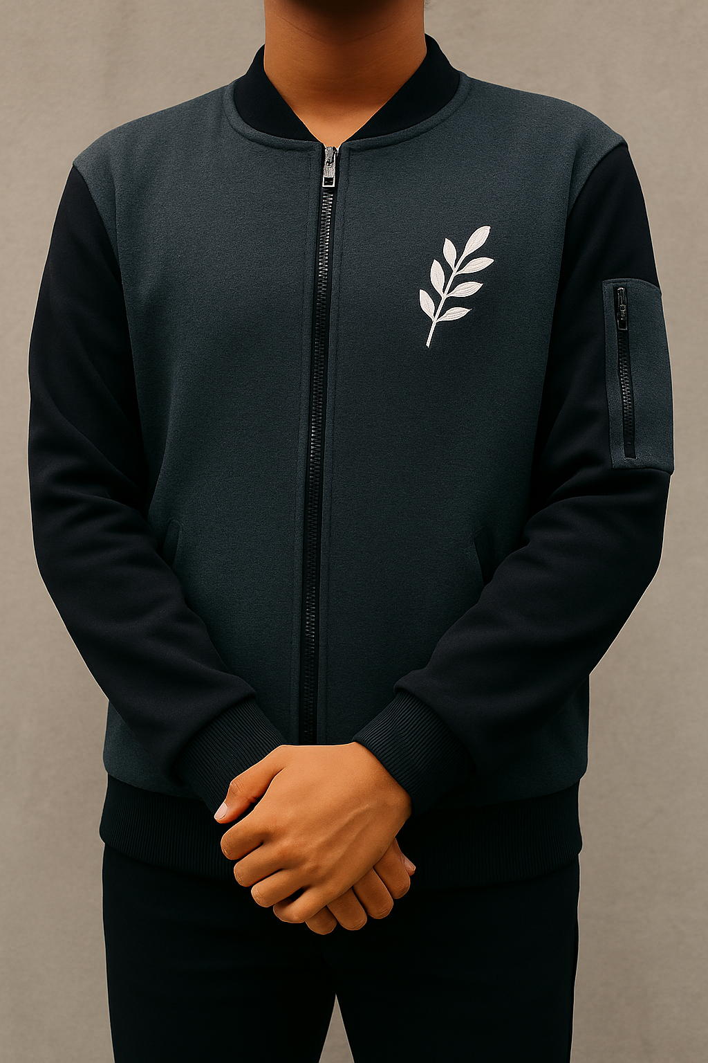 New Winter Collection Charcoal Grey Leaf Printed Zipper Jacket for Men & Boys – Warm & Stylish Fleece Outerwear - Large