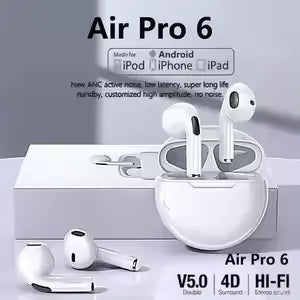 AirPods Pro 6 Hi-Fi Wireless Bluetooth 5.0 Earbuds – Compact Slim Design with Charging Case (White)